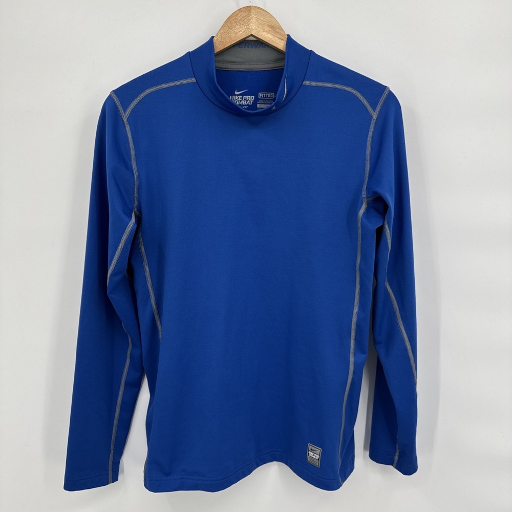 Nike Pro‎ Combat Dri Fit Shirt Hyperwarm Blue Athletic Compression Men's Size M